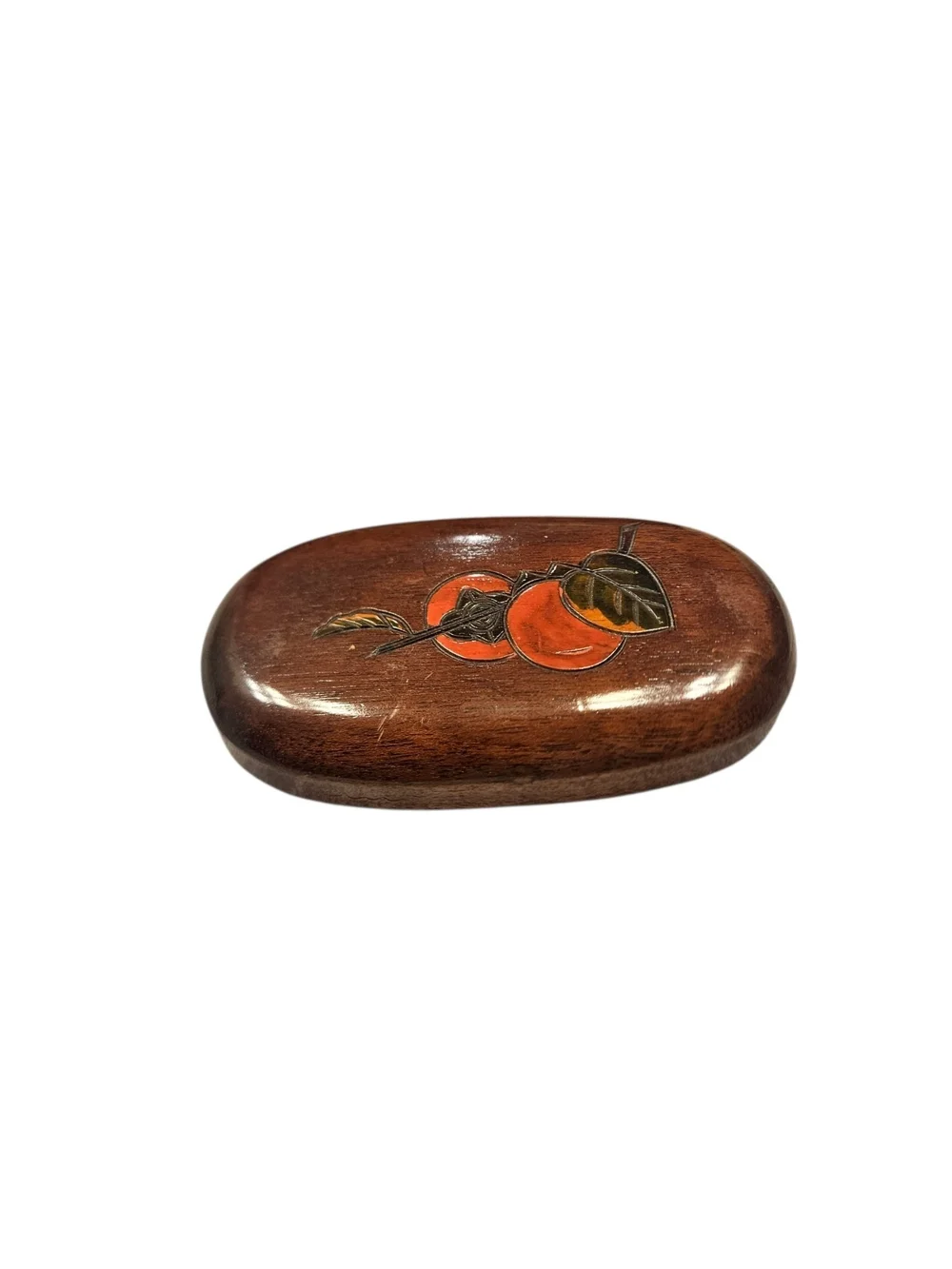 Handcrafted Wooden Oval Trinket Box with Inlaid Fruit Motif